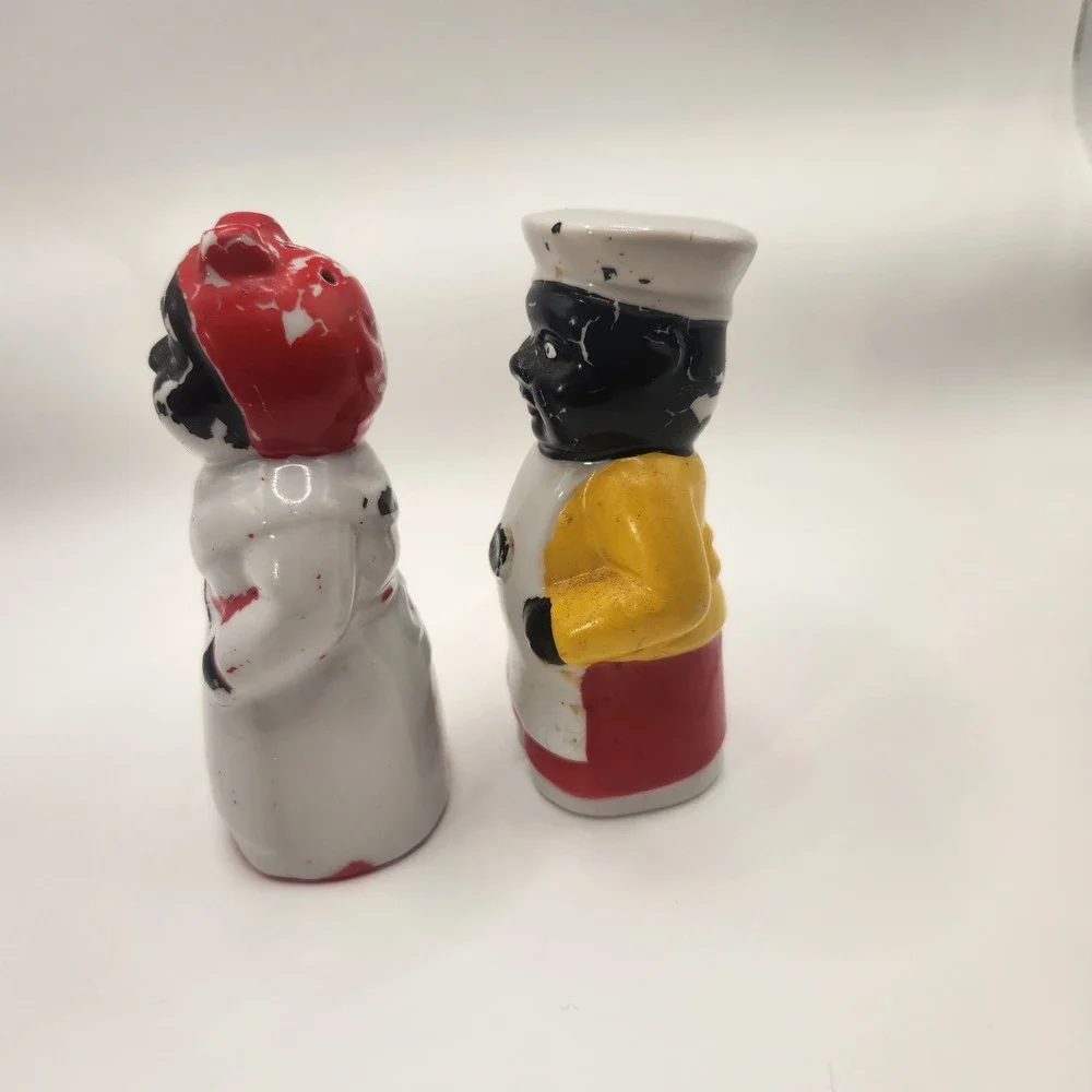 Vintage Black Americana Ceramic Salt and Pepper Shakers Chef and Mammy Set 4in